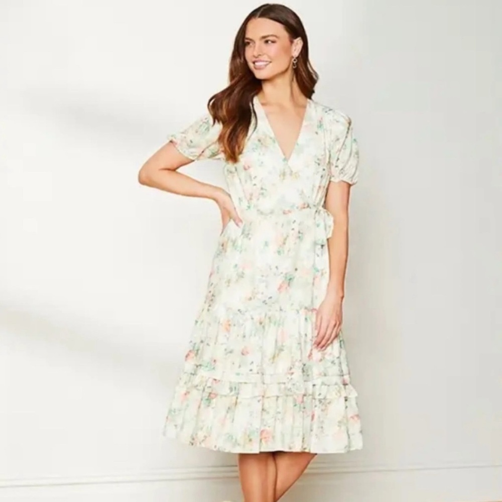 Alex Marie Irena Floral Botanical Midi Puff Sleeve Wrap Dress size 4‎